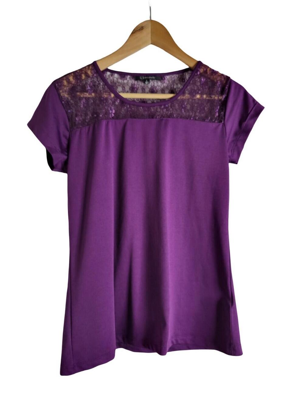 Annabelle Purple Short Sleeve Blouse Lace Yoke Top Size Large